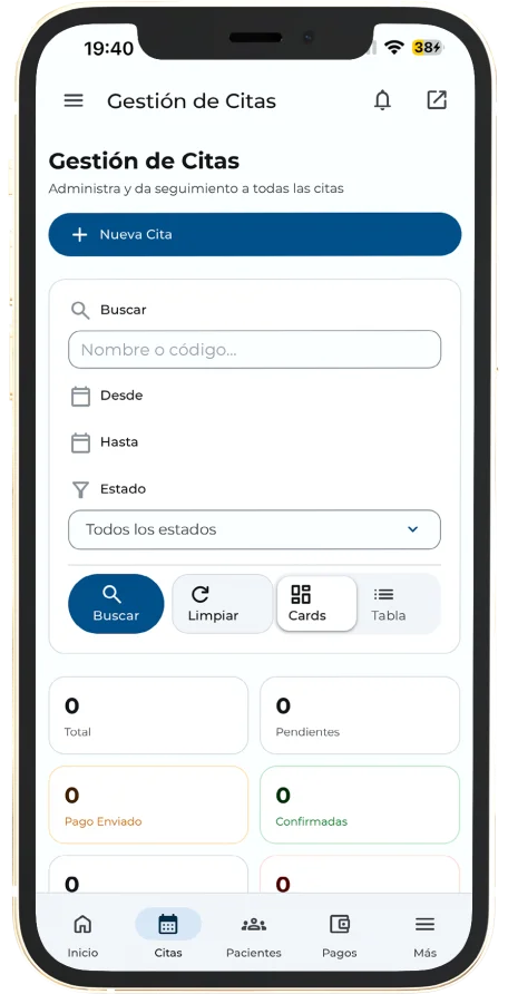 Gestión de citas con filtros y estados de pago